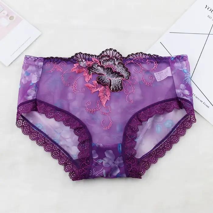 Culotte taille moyenne brodée de fleurs pour femmes, culotte en dentelle transparente commandée, slip sexy pour dames, sous-vêtement, 03/Wear