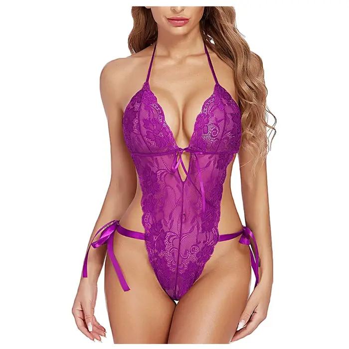 Body Sexy en dentelle pour femmes, Lingerie pour dos nu, couleur unie, une pièce, à bretelles, col licou, Costume érotique, teddy