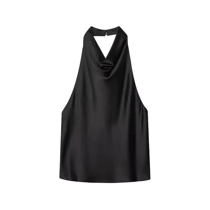 Dámský halter top 2026 – Saténový top s odhalenými zády v černé barvě