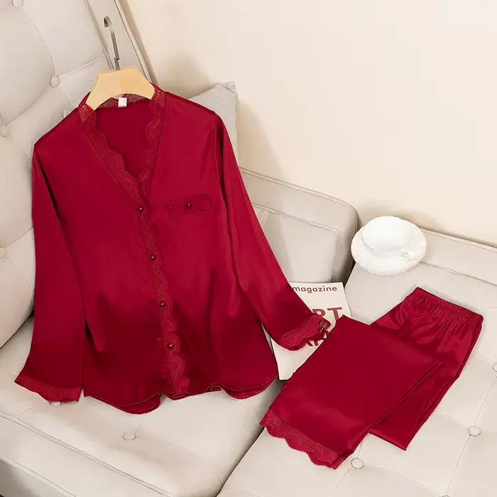 Ensemble de pyjamas en satin sexy pour femmes, vêtements de nuit décontractés, vêtements de détente soyeux, vêtements de nuit monochromes, chemise et pantalon de peignoir, printemps, nouveau, 2 pièces