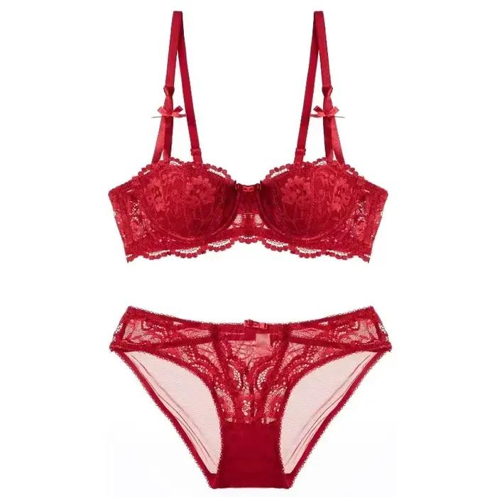 Ensemble de soutien-gorge en dentelle de Noël – Bralette transparente noire et rouge, demi-tasse ultra fine, look Pure Desire, sous-vêtements Tushy, lingerie de fête de Noël