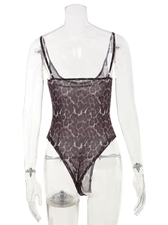 Body léopard en maille pour femmes, mode Sexy, Streetwear, bretelles, sans manches, col Slash, slim, transparent, barboteuse, gaine féminine