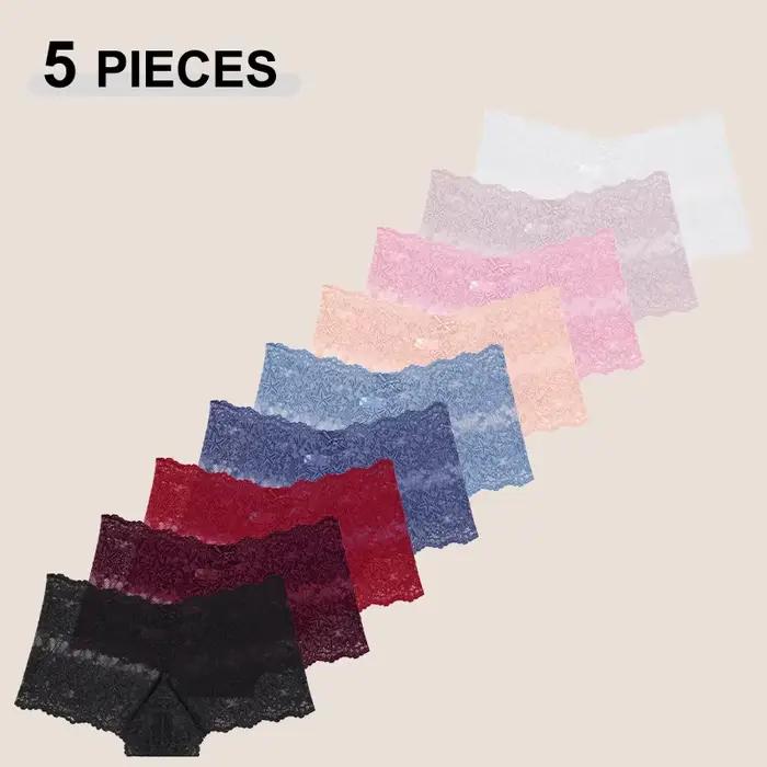 5 pièces/ensemble Sexy dentelle Perspective culotte couleur unie évider taille haute étoile Boyshort femme élastique Transparents Boxer Shorts