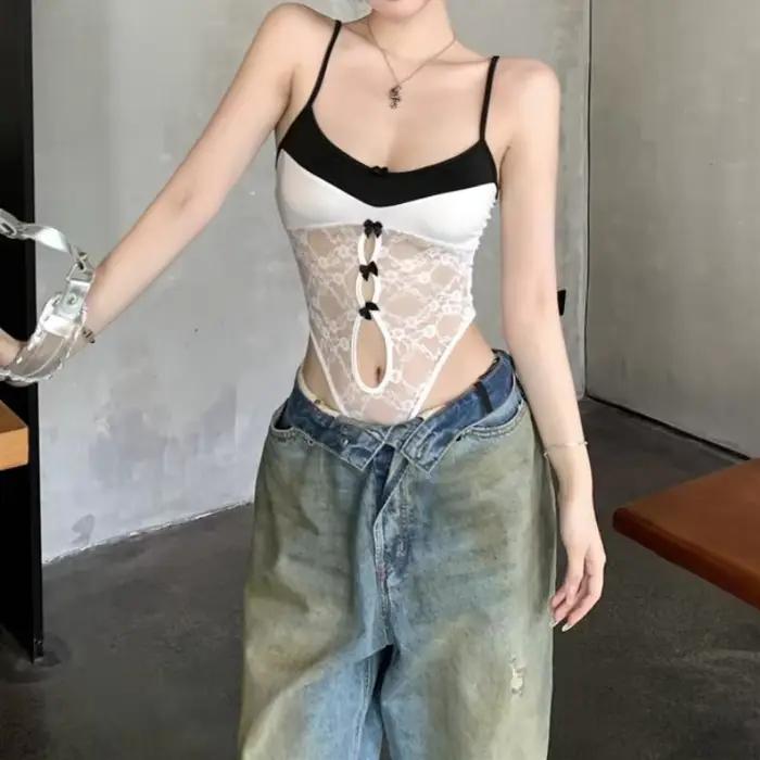 Body en dentelle blanche pour femmes, Camis d'été, Slim, sans manches, Sexy, basique, Slim, haut ajouré