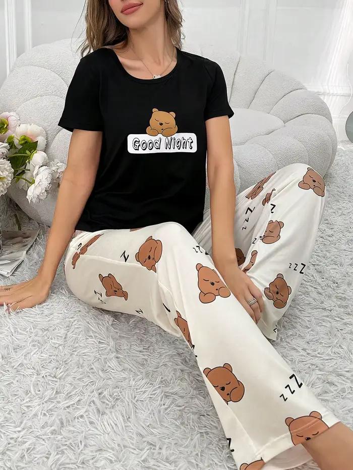 Ensemble 2 pièces de pyjama quatre saisons pour femmes, ensemble pyjama décontracté et mignon imprimé dessin animé, manches courtes, pantalon Long