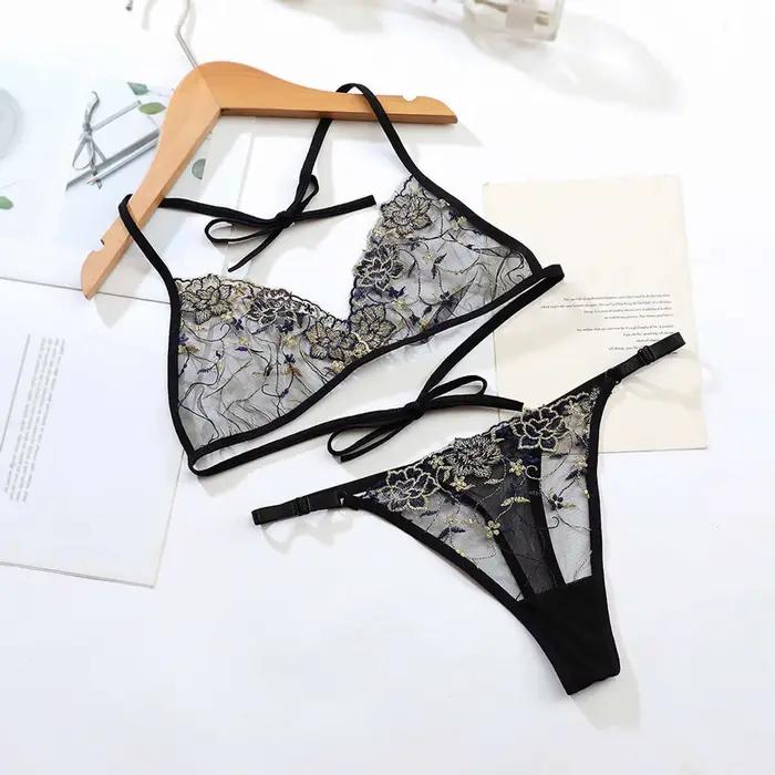 Français Sexy Dentelle Sous-Vêtements Érotiques Tenue Maille Brodée 2 Pièces Ensemble De Lingerie Pour Femmes Col Suspendu Soutien-Gorge Et Tongs tру zesіночі