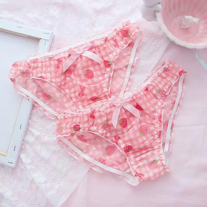 Mignon écolière fraise culotte Sexy maille sous-vêtements respirants japonais Kawaii Lolita Lingerie intime Femme string