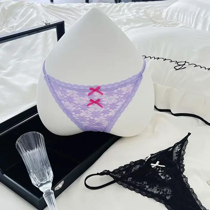 Culotte string transparente en dentelle pour femme, style doux, ajourée, sans couture, en maille fine avec nœud en dentelle, pour usage quotidien