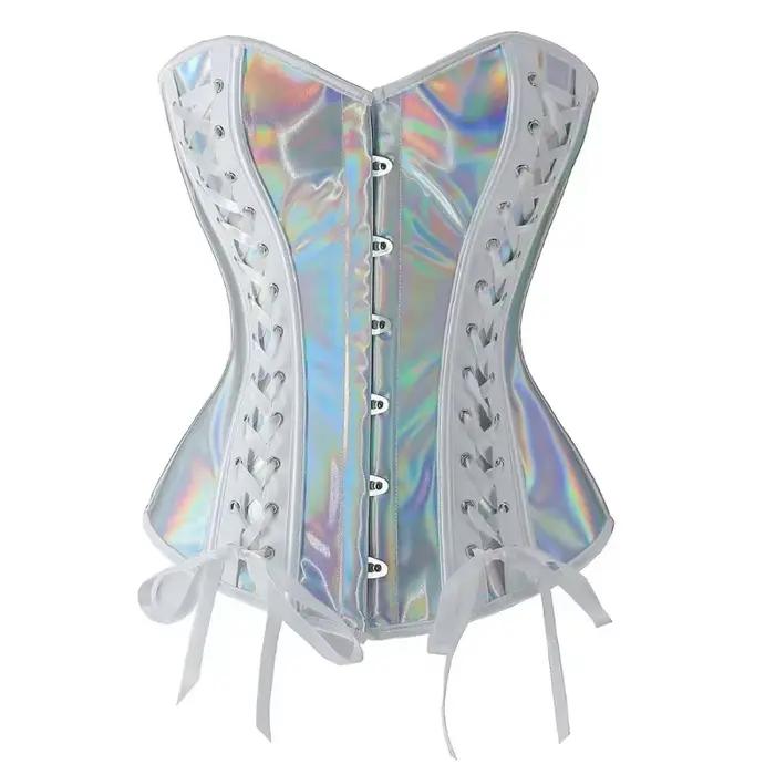 Steampunk Top Corset Argent PU Cuir À Lacets Surbuste Bustier pour Femmes Gothique Clubwear Sexy Taille Body Shapewear Corselet
