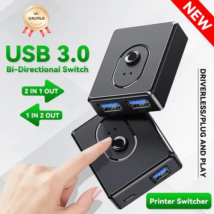Commutateur KVM USB 3.0 1x2/2x1, hub USB bidirectionnel, commutateur USB 2.0, prolongateur USB 3.0, contrôleur partagé pour clavier, souris et imprimante PC ; commutation en un clic, sans pilote.