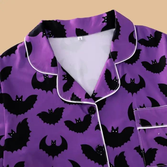 Pyjama violet sur le thème d'halloween pour femmes, avec imprimé chauve-souris, pantalon à manches longues, ensemble de vêtements de maison pour printemps et automne