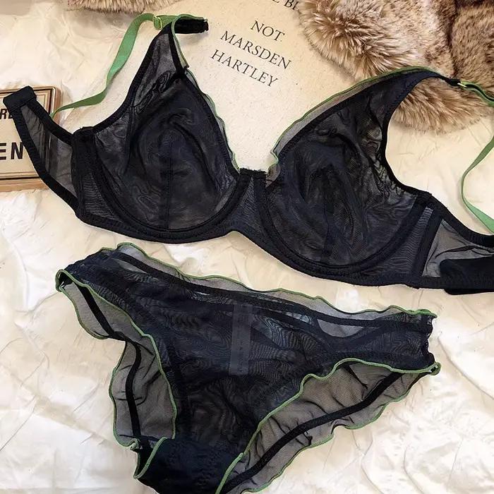Velikostní minimalizační podprsenka s kosticemi Francouzský styl Trojúhelníkový košíček Push Up Sexy síťovaný set