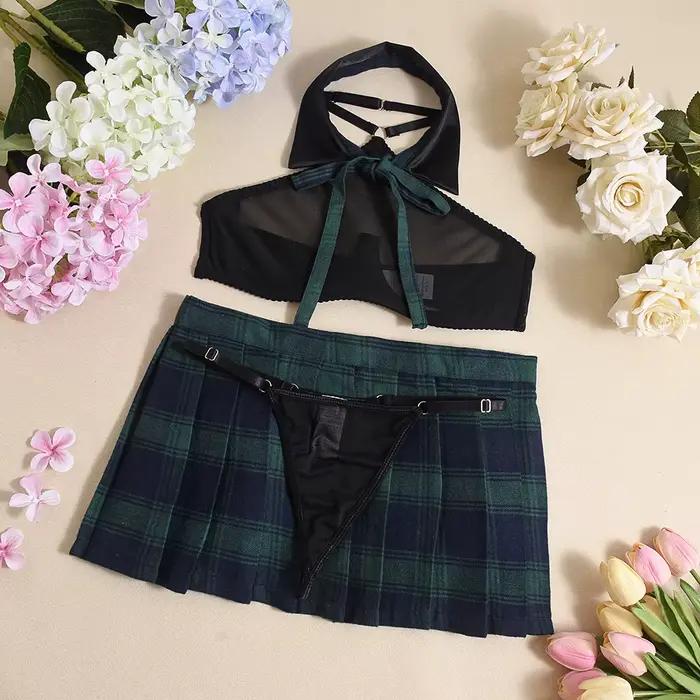 Tenues d'écolière Ensemble de lingerie sexy jupe à carreaux et soutien-gorge licou 3 pièces maille transparente sous-vêtements de jeu de rôle Ensemble de cosplay exotique