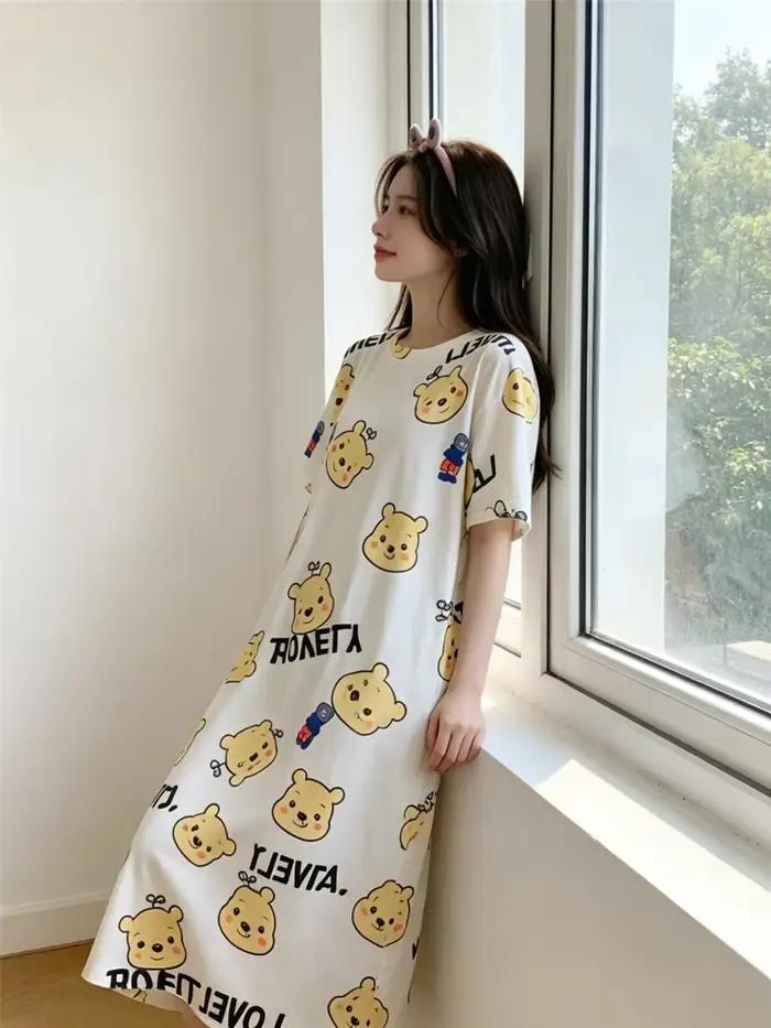 Chemise de nuit pour femmes, version coréenne, vêtements d'intérieur pour filles, style doux, motif dessin animé mignon, pyjama ample et léger, Kawaii, respirant et décontracté
