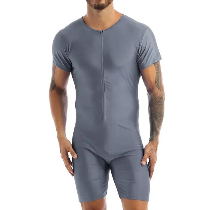 Pyjama une pièce pour hommes, sous-vêtements, combinaison justaucorps, manches courtes, fermeture éclair sur le devant, Boxer élastique doux, slip, body, maillots de bain