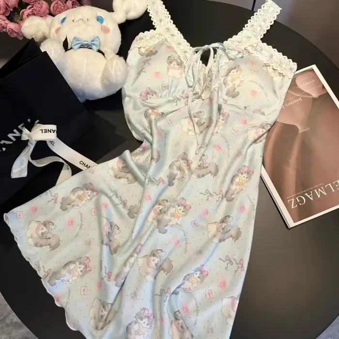 Nouvelle Arrivée Été : Robe de Nuit Courte en Soie Glacée pour Femme, Style Doux et Mignon, Imprimé Chat, Tenue d'Intérieur Décontractée