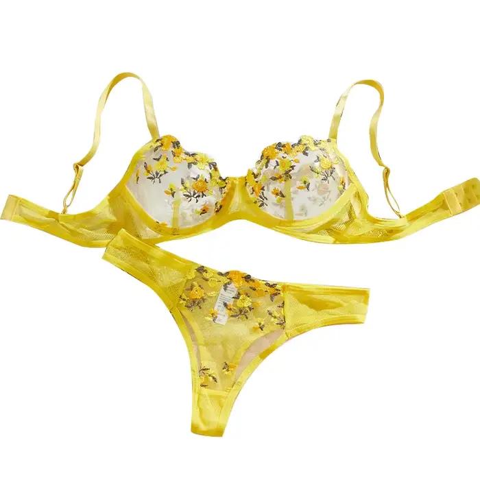 Ensemble de lingerie féminine transparente jaune, bralette et culotte 2 pièces, broderie florale