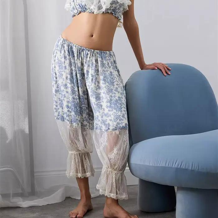 Pantalon Long bouffant pour femmes, garniture en dentelle, Capri Lounge Pjs, jupon Y2K, bas de pyjama, pantalon citrouille, Streetwear Y2K