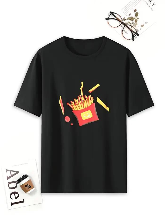 Un ensemble de pyjamas décontractés imprimés avec des motifs de frites, comprenant un short et un t-shirt, vêtements d'été confortables