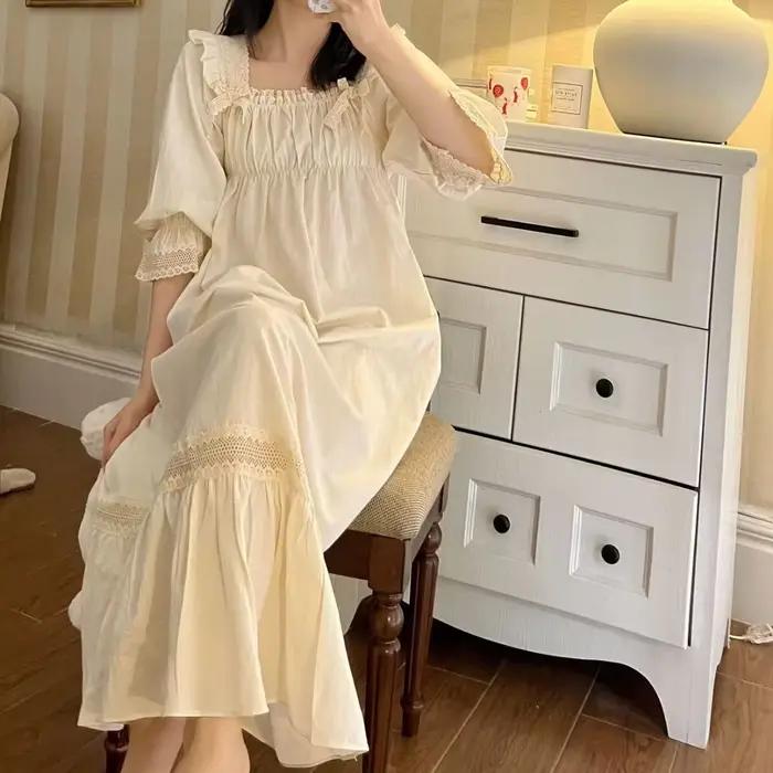 Chemise de nuit brodée vintage à manches longues pour femmes, chemise de nuit confortable, coton doux élégant, nouveau
