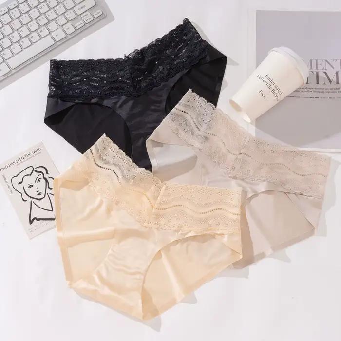Culottes en dentelle pour femmes, sous-vêtements en satin doux taille mi-haute, ceinture ondulée à motif floral, doublure en coton respirant, sans couture
