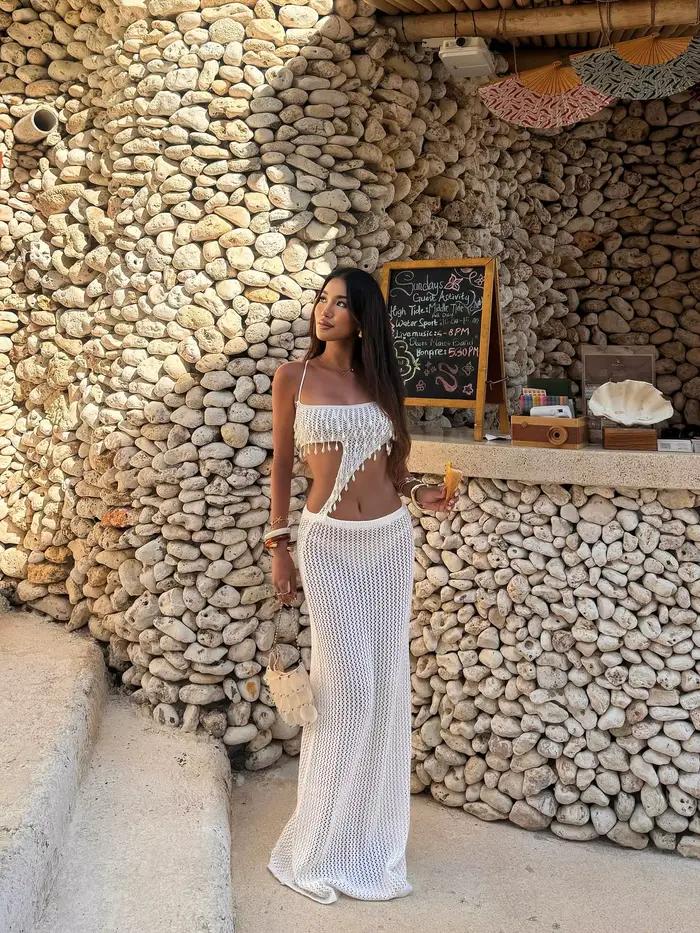 Robe longue en perles pour femmes, Sexy, tricot, col licou, Corchet, robe de plage, taille haute, découpée, vacances d'été, ensemble décontracté, nouvelle collection