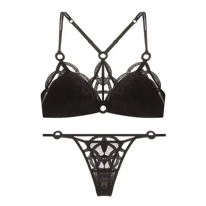 Ensemble de Lingerie française Sexy pour femmes, beau dos, maille fine brodée, sous-vêtements sans fil, soutien-gorge, costume féminin, slip en dentelle solide