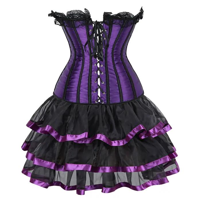 Robe Corset Gothique Sexy en Satin avec Lacets, Corset Steampunk avec Robe, Cosplay Club Violet
