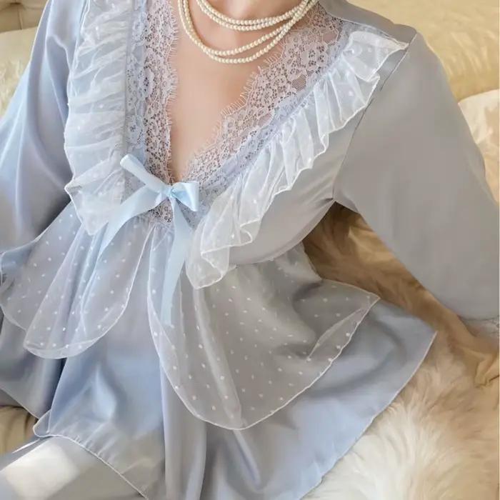 Pyjama princesse Sexy en soie glacée pour femmes, ensemble 2 pièces en dentelle avec nœud papillon, doux, manches longues, pantalon, chemise de nuit, vêtements de nuit, printemps été 2026