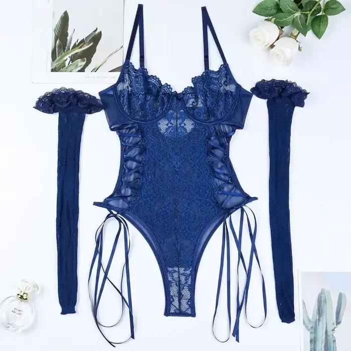 Toucheart – combinaison à bretelles en dentelle transparente pour femmes, Lingerie Sexy, ajouré, sous-vêtements en Patchwork, bas en résille