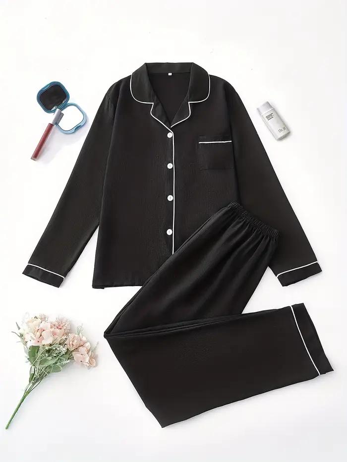 Ensemble de pyjama à manches longues pour femmes, haut décontracté à poches boutonnées pour documents, pantalon long, polyester tissé, pyjama adulte pour l'automne