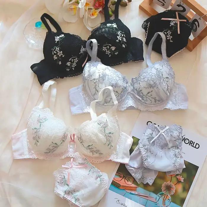 Ensemble de Lingerie en dentelle brodée florale pour femmes, mince et rond, pour la maison, avec anneau en acier, soutien-gorge, caleçon, costume