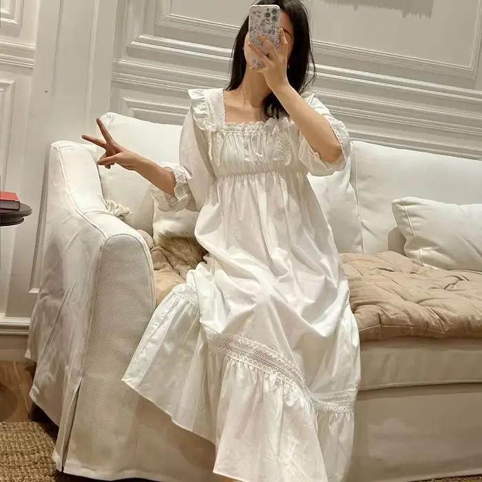 Chemise de nuit brodée vintage à manches longues pour femmes, chemise de nuit confortable, coton doux élégant, nouveau