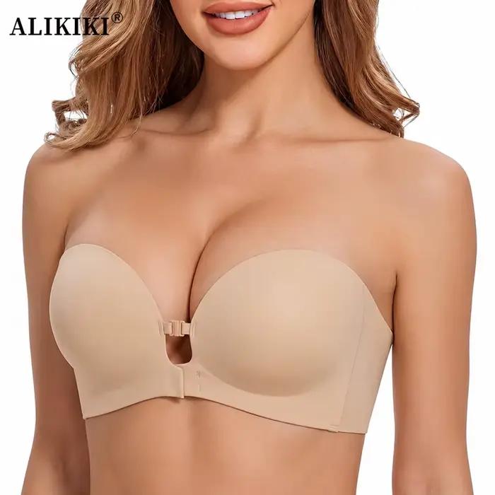Soutien-gorge sans bretelles à fermeture frontale, rembourré, push-up, antidérapant, sans armatures, soutien-gorge tube sans couture, avec bonnets intégrés