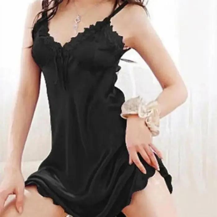 Robe élégante en dentelle pour femme, chemise de nuit en satin de soie, robe babydoll sexy à épaules dénudées, vêtements de nuit doux et confortables pour femmes