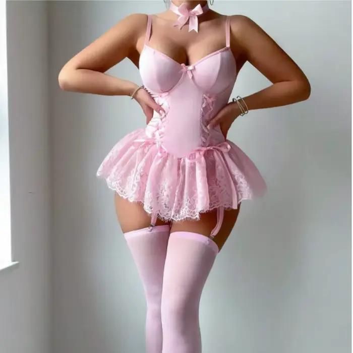 Body Sexy en dentelle avec bas jarretelles, tissu Polyester pour jeu de rôle amusant, Costume de reine de fête pour fille mignonne, vêtements de nuit Sexy