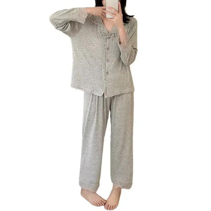 Nouveaux pyjamas pour femmes 2026 – Ensemble deux pièces en modal et dentelle à petit col, cardigan à manches longues, idéal printemps-automne