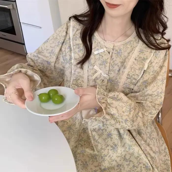 Pyjama grande taille pour femme, style jardin, tenue de nuit et d'intérieur, ensemble deux pièces, version coréenne avec nœud, manches longues pour l'extérieur