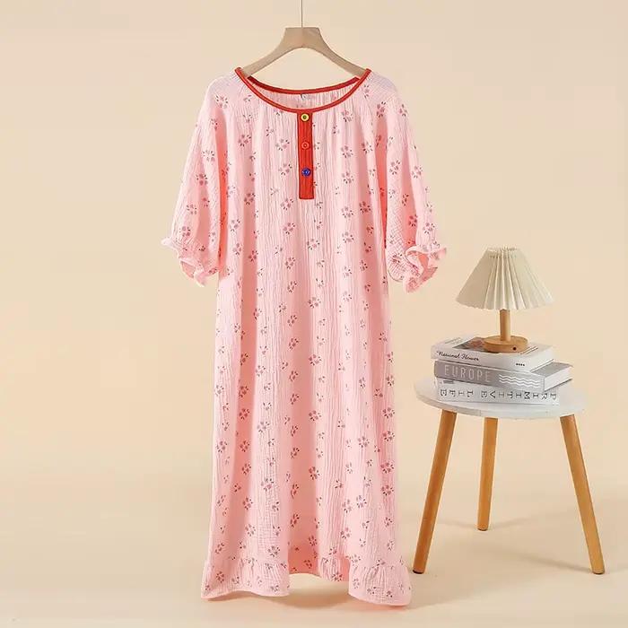 Chemise de nuit d'été en gaze crêpe, dentelle douce, manches courtes, ample, col rond, chemises de nuit pour femmes, vêtements de maison doux
