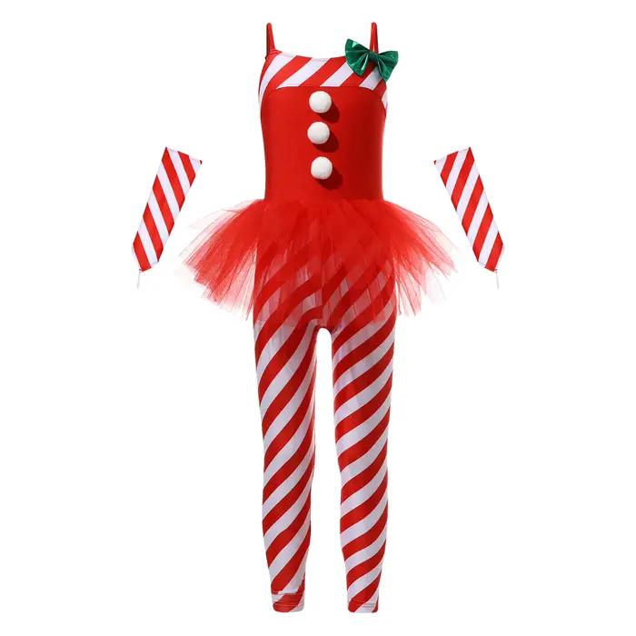 Costume de batterie de danse de Noël Candy Cane pour fille, Unitard Tulle Peplum, costume de père Noël, vêtements de danse, combinaison de batterie, vacances de Noël, enfant