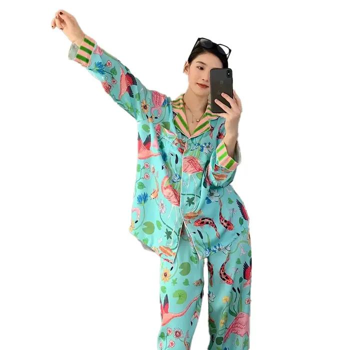 Pyjamas pour femmes au printemps et en été à manches longues, motifs de fleurs et d'oiseaux, haut de gamme, nouveau, luxueux, Sexy, confortable, décoration de maison