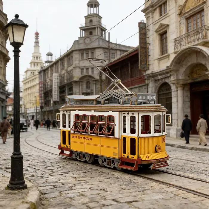 Puzzle 3D en bois Tram : Modèles réduits de tramway, station, voiture rétro, bus, bateau à voile, avion – Jouet d'assemblage DIY pour enfants – Cadeau