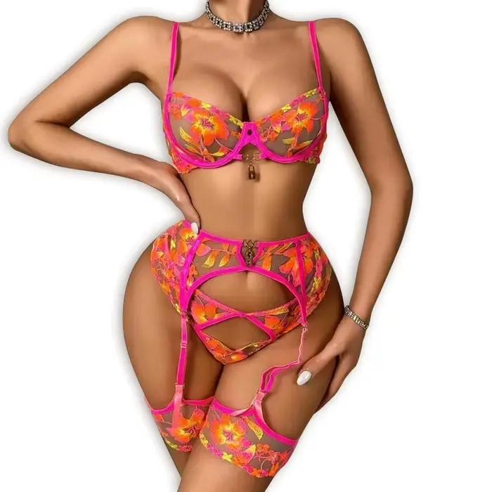 Magnifiques ensembles de lingerie sexy et éclatants à motifs floraux, 3 pièces avec jarretelles et décorations exotiques, ensembles de soutien-gorge orange fluorescent, sous-vêtements érotiques