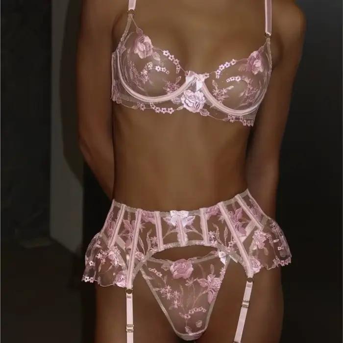 Ensemble de lingerie féminine en maille transparente, babydoll, porte-jarretelles en dentelle, nuisette sexy transparente, tenue de Saint-Valentin, de mariée ou de lune de miel