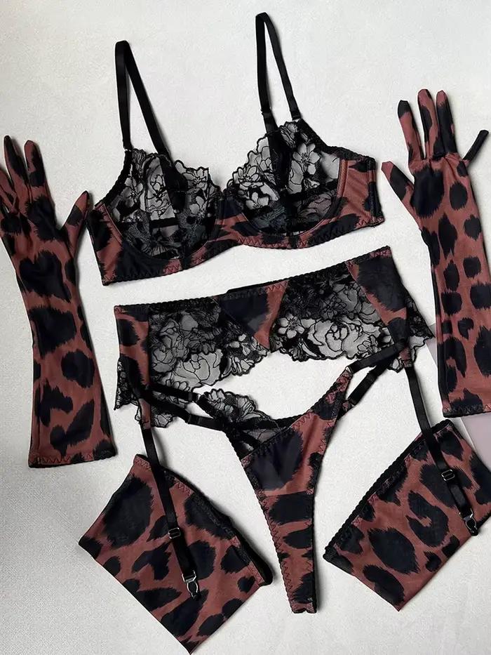 Ensemble soutien-gorge et porte-jarretelles en dentelle imprimé léopard, Sexy, avec gants de bas, Lingerie sensuelle transparente pour femmes, vêtements intimes exotiques