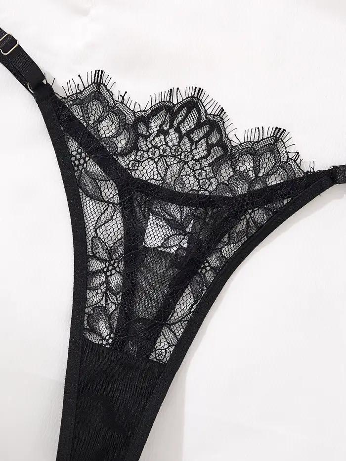 Ensemble de soutien-gorge et slip en dentelle noire pour femmes, sous-vêtements transparents romantiques et Sexy avec fleurs, Lingerie érotique transparente