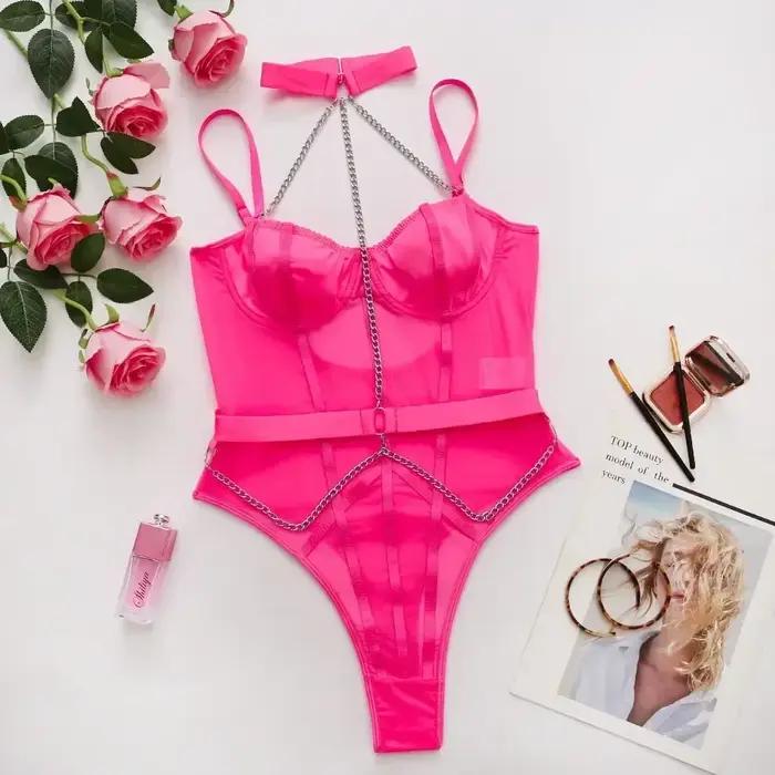 Body de Fitness noir pour femmes, Lingerie Sexy avec chaîne licou, transparent, dos nu, Teddy