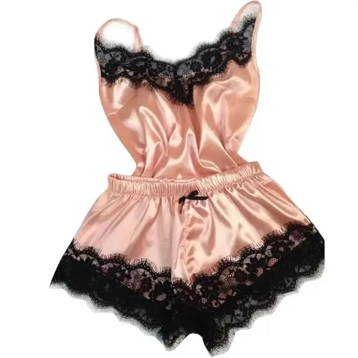 Ensemble pyjama en Satin et dentelle pour femmes, vêtements de nuit, col en v, extensible, Lingerie Sexy, bretelles, haut, short, vêtements de nuit