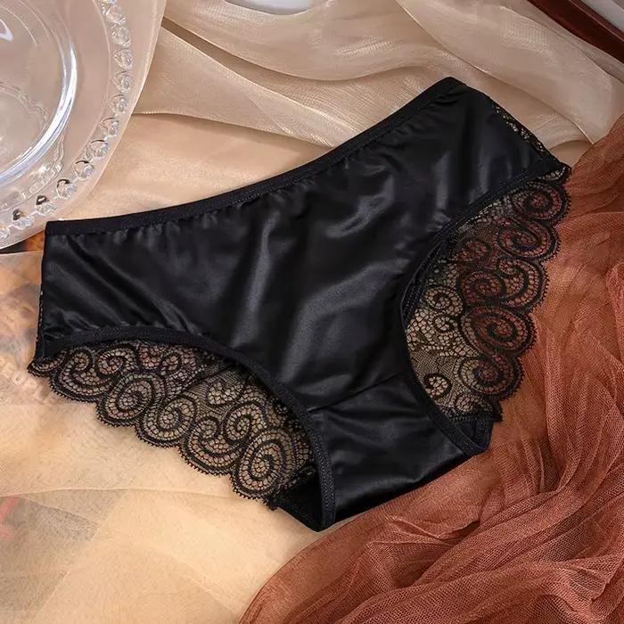 Culotte en Satin Vintage pour femmes, sous-vêtements respirants de couleur unie, Lingerie française Sexy avec nœud en dentelle, taille moyenne, slip en maille fine