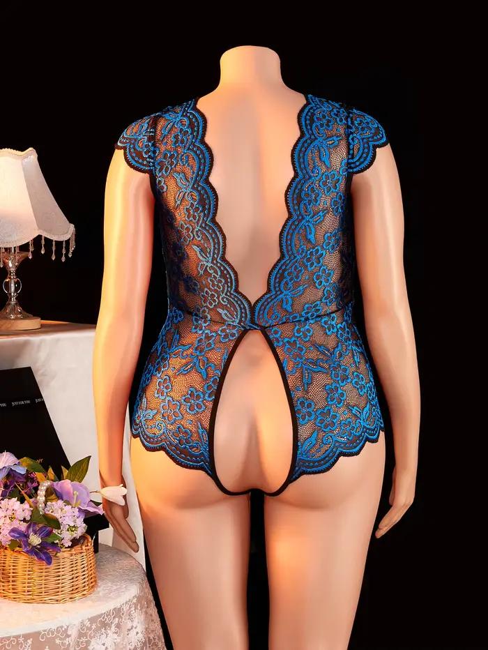 Body nuisette grande taille en dentelle transparente bleue, manches courtes, dos nu, décolleté plongeant, lingerie érotique et pyjama pour femmes rondes